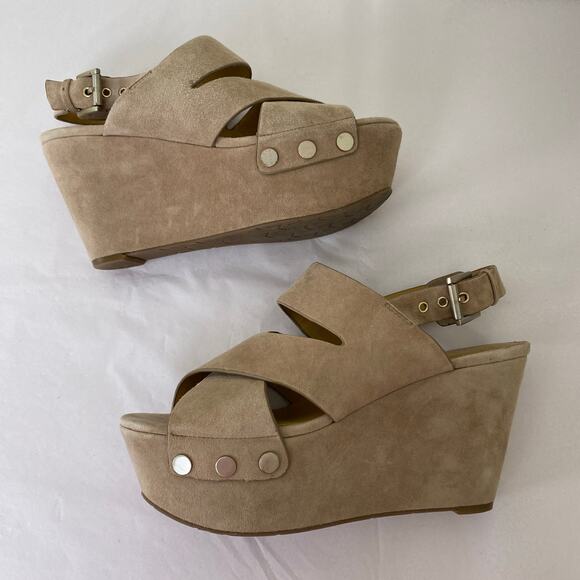 Marc Fisher Bianka Wedges Size 8 Taupe Suede Leather Heels Platform Boho 60s 70s - Picture 9 of 13